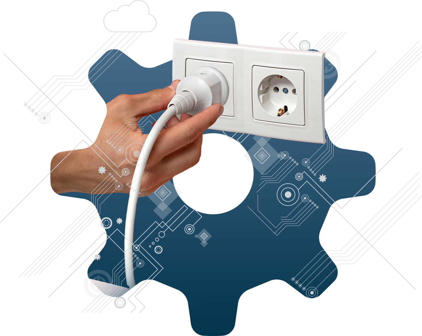 Ruka zapojující kabel do zásuvky jako symbol energetického monitoringu a digitalizace