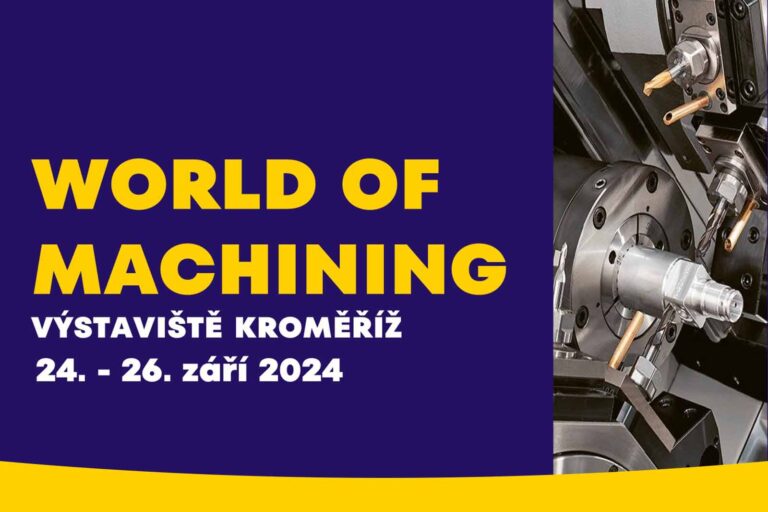Reklama na veletrh “World of Machining” v Kroměříži, konaný od 24. do 26. září 2024. Na obrázku je zobrazen obráběcí stroj.