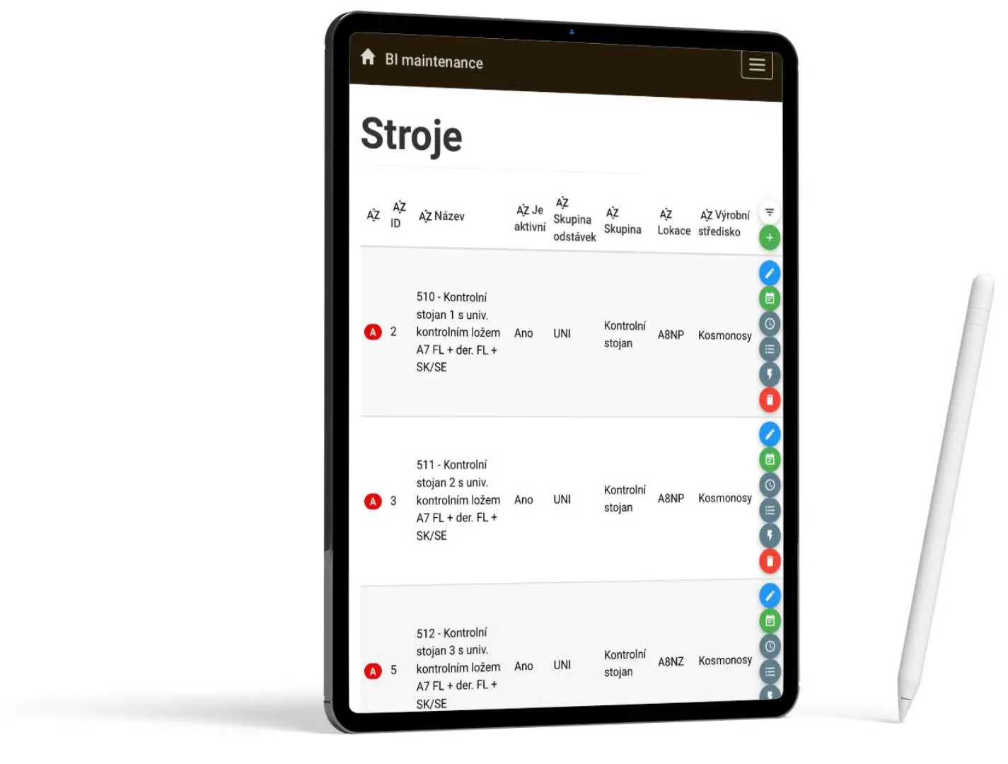 Tablet zobrazující seznam strojů a jejich technické údaje v systému BI Maintenance