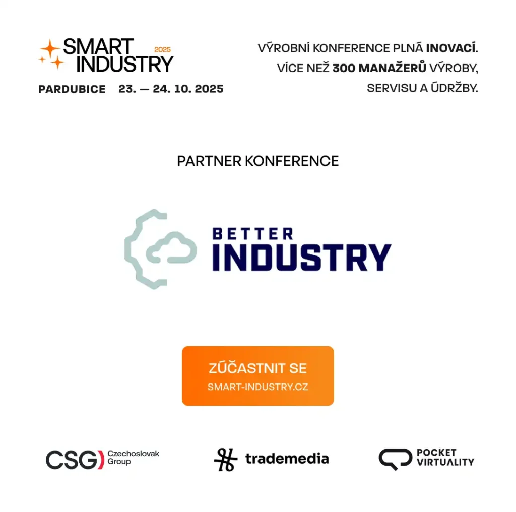 Pozvánka na konferenci Smart Industry 2025 v Pardubicích s logem Better Industry jako partnera akce a výzvou k registraci na webu smart-industry.cz.