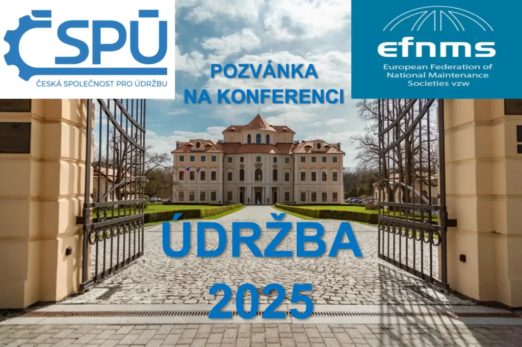 Pozvánka na konferenci Údržba 2025 pořádanou Českou společností pro údržbu a EFNMS, s fotografií zámeckého areálu a vstupní bránou.