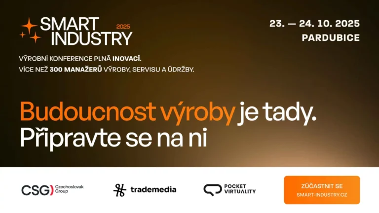 Pozvánka na výrobní konferenci Smart Industry 2025 v Pardubicích s informacemi o datu, účastnících a výzvou k registraci.