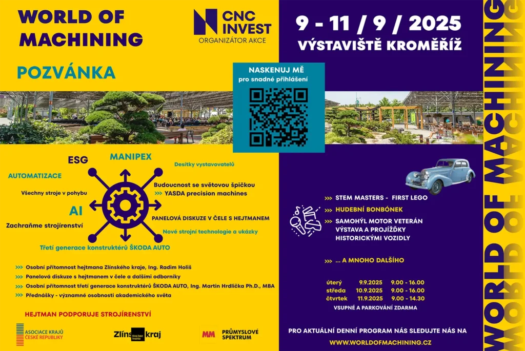 Pozvánka na strojírenskou výstavu World of Machining 2025 v Kroměříži s programem, termíny akce, QR kódem pro registraci a foto výstaviště.