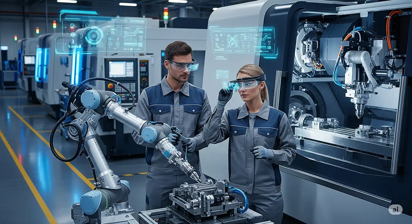 Technici s chytrými brýlemi ovládají robotické rameno v moderní výrobní hale – ukázka automatizace a digitalizace průmyslu