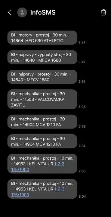 SMS upozornění o prostojích strojů v systému BI Control