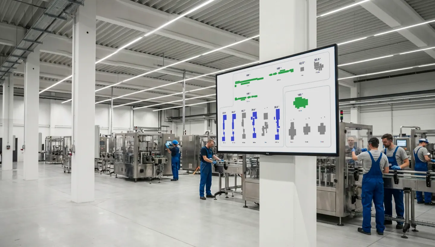 Velká obrazovka ve výrobní hale zobrazuje vizualizaci výrobních dat, zatímco operátoři v modrých montérkách pracují u automatizovaných linek.