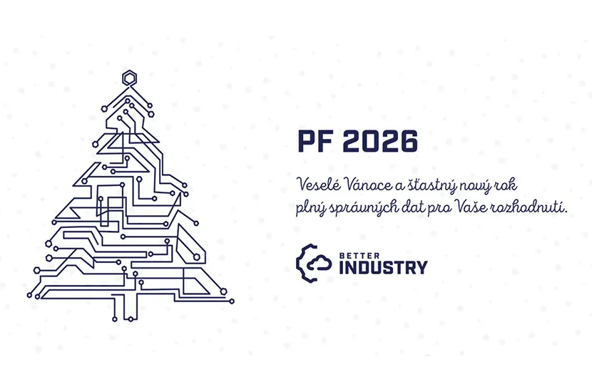 Firemní PF 2026 s vánočním stromečkem ve stylu elektronického obvodu a přáním ‚Veselé Vánoce a šťastný nový rok plný správných dat pro Vaše rozhodnutí‘ od Better Industry.